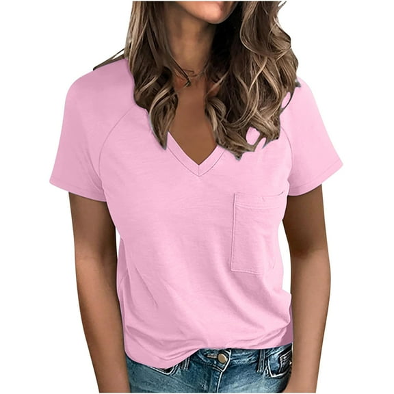 GigrtiJin Womens Short Sleeved Blouses V Neck Casual Solid Color Shirts Going out Comfy Casual Pullover Tops