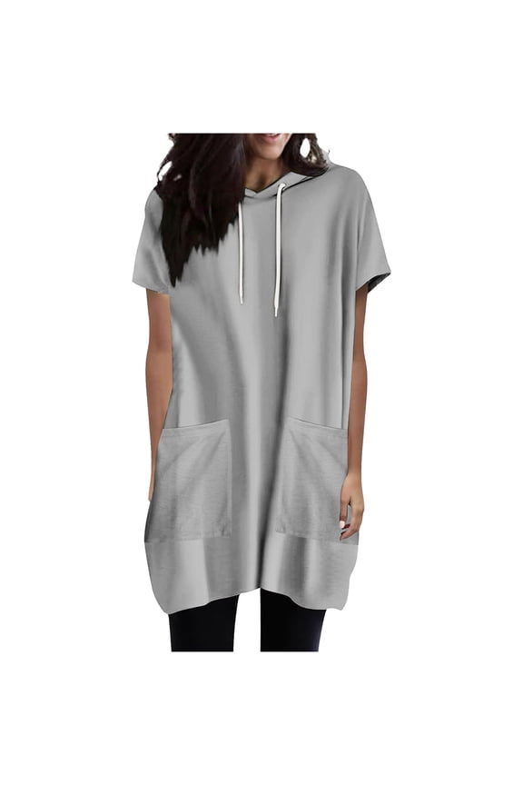 Womens Short Sleeved Hoodies Solid Hooded Drawstring Sweatshirt Loose Casual Pullover Tops with Pocket