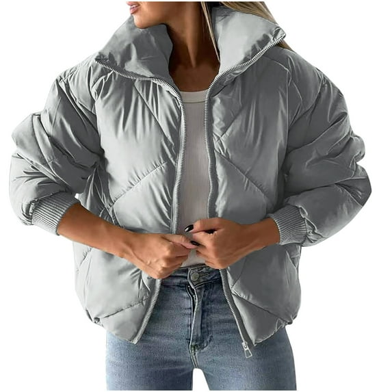 GigrtiJin Womens Short down Jacket Puffer Long Sleeves Zipper Stand Collar Winter Solid Color Warm Coat with Pocket