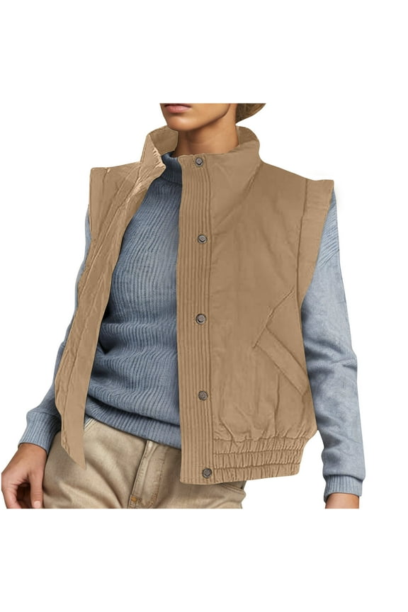 Womens Sleeveless Cotton Vest Coat Casual Solid Color Stand Collar Warm Comfy down Jackets with Pockets