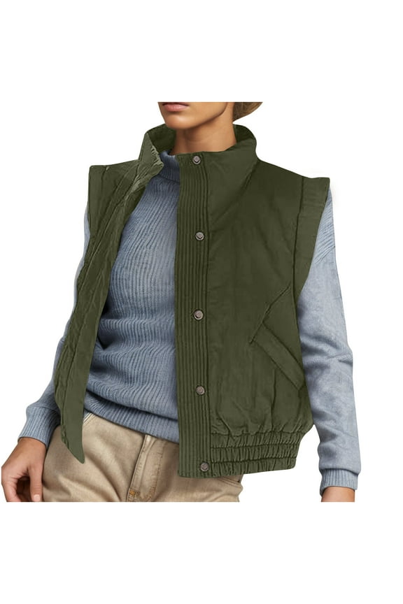 Womens Sleeveless Cotton Vest Coat Casual Solid Color Stand Collar Warm Comfy down Jackets with Pockets