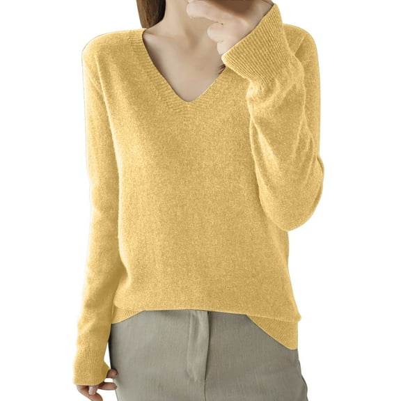 GigrtiJin Womens Solid Color Knitted Sweater V-Neck Long Sleeved Casual Thin Sweaters Top Comfy Warm Pullover Blouse