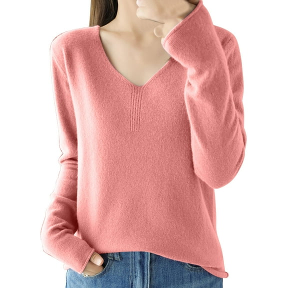 GigrtiJin Womens Solid Color Knitted Sweater V-Neck Long Sleeved Casual Thin Sweaters Top Comfy Warm Pullover Blouse