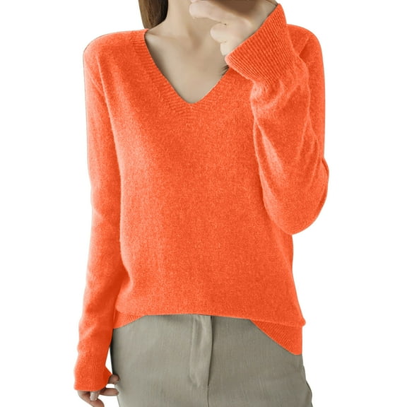 GigrtiJin Womens Solid Color Knitted Sweater V-Neck Long Sleeved Casual Thin Sweaters Top Comfy Warm Pullover Blouse