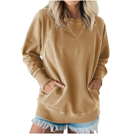 GigrtiJin Womens Solid Color Sweatshirt Fashion Long Sleeved Hoodless Sweatshirts Loose Casual Basic Tops with Pockets