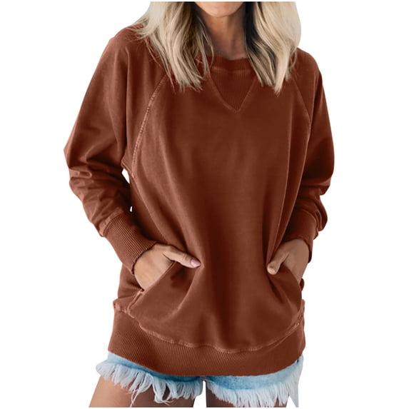 GigrtiJin Womens Solid Color Sweatshirt Fashion Long Sleeved Hoodless Sweatshirts Loose Casual Basic Tops with Pockets
