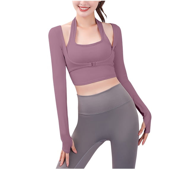 GigrtiJin Womens Sports Running Training Slim Tops Removable Chest Pad Long Sleeve Solid Loose Workout Shirts