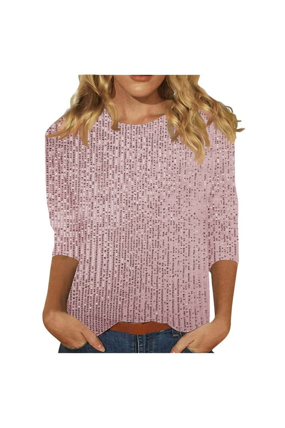 Womens Spring Fall Sequins Shirts 3/4 Sleeve Fashion Pullover Round Neck Tops Casual Loose Comfy Blouse