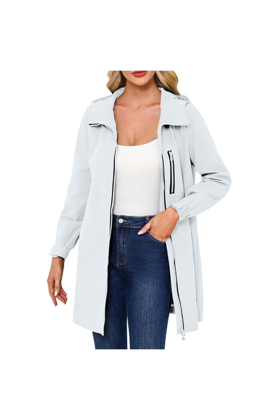 Womens Spring Hooded Fleece Jacket Windbreaker Solid Color Long Sleeved Casual Thin Coat with Pockets