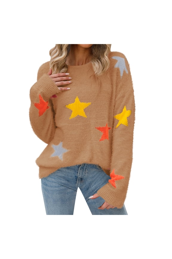Womens Star Printed Sweaters Round Neck Long Sleeves Knitted Blouses Casual Comfy Loose Sweater Tops