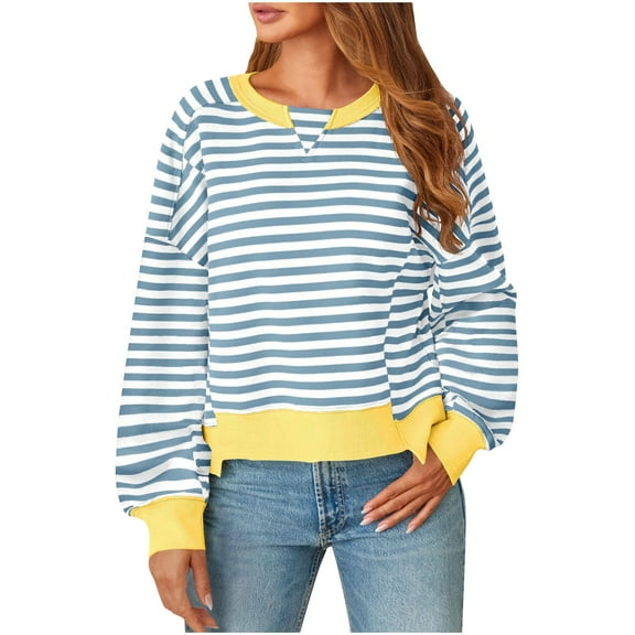 GigrtiJin Womens Stripe Colorblock Sweatshirts Long Sleeved Round Neck Pullover Top Trendy Casual Loose Blouses