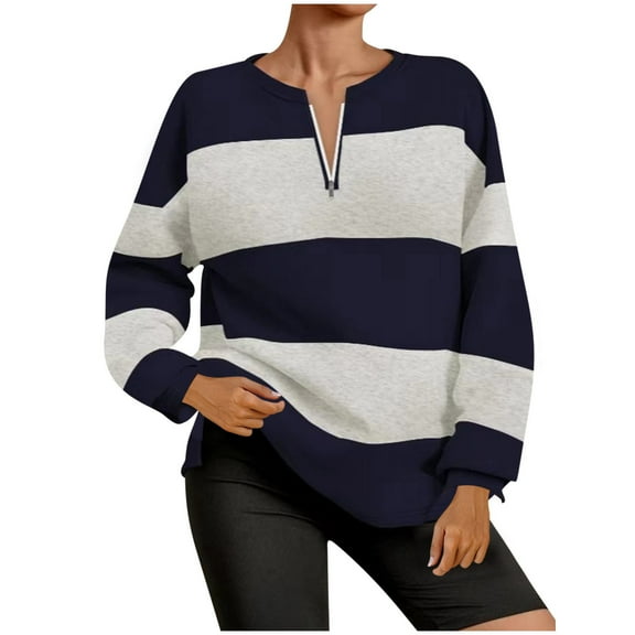 GigrtiJin Womens Striped 1/4 Zipper Tops Long Sleeved Round Neck Basic Sportswear Casual Pullover Loose Blouses