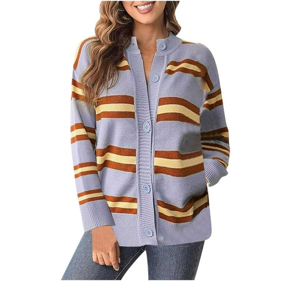 GigrtiJin Womens Striped Knit Cardigans Sweaters Trendy Long Sleeve Lightweight Open Front Button Sweater Coats