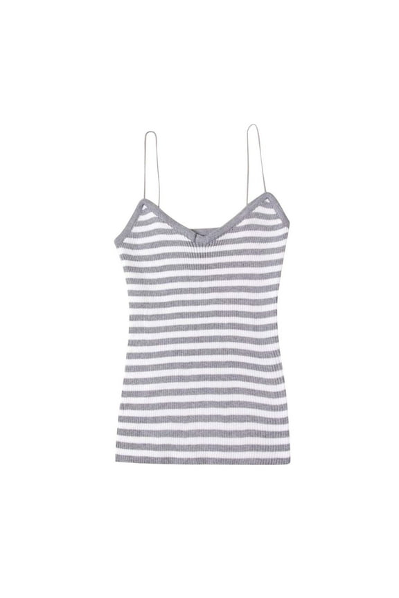 Womens Striped Print Camisole Sleeveless Tank Top Slim Crop Vest Top Knit V-Neck Basic Cami Shirts