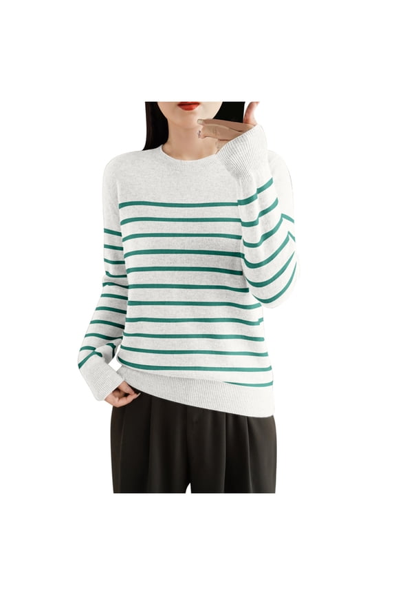 Womens Striped Sweater Casual Round Neck Knitted Pullover Sweater Top Long Sleeved Comfy Loose Blouse