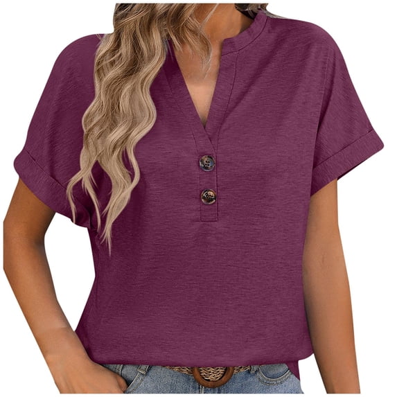 GigrtiJin Womens Summer Fashion V Neck Tops Short Sleeve Button Solid Color Blouse Comfy Casual Basic Pullover Shirts