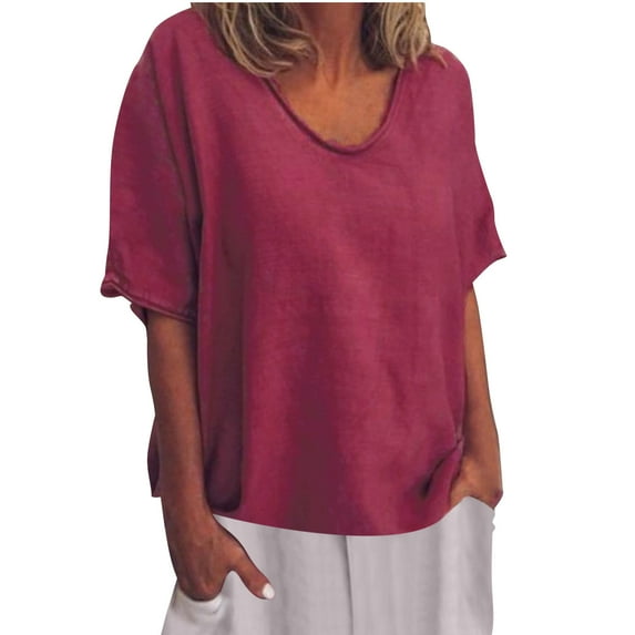 GigrtiJin Womens Summer New Blouse Ladies Short-Sleeved Solid Color Loose Shirt Plus Size Casual Cotton Linen Tops