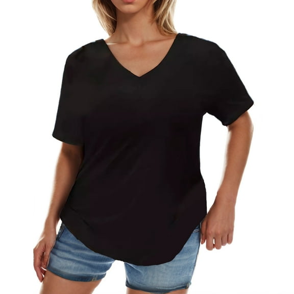 GigrtiJin Womens Summer Short Sleeved Tops V-Neck Solid Color Basic Plus-Size Shirt Casual Loose Fashion Blouse