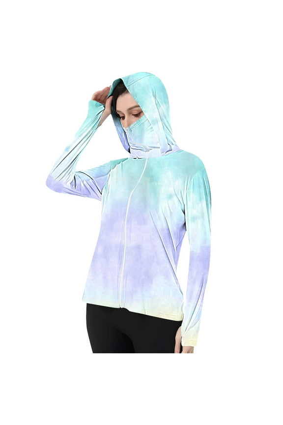 Womens Sunproof Jacket Gradient Color Hooded Full Zipper Long Sleeve Outwear Trendy Athletic Outcoat
