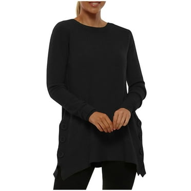 GigrtiJin Womens Sweaters Crewneck Long Sleeve Sweater Button Solid Color Oversized Ribbed Knit Side Slit Pullover Top