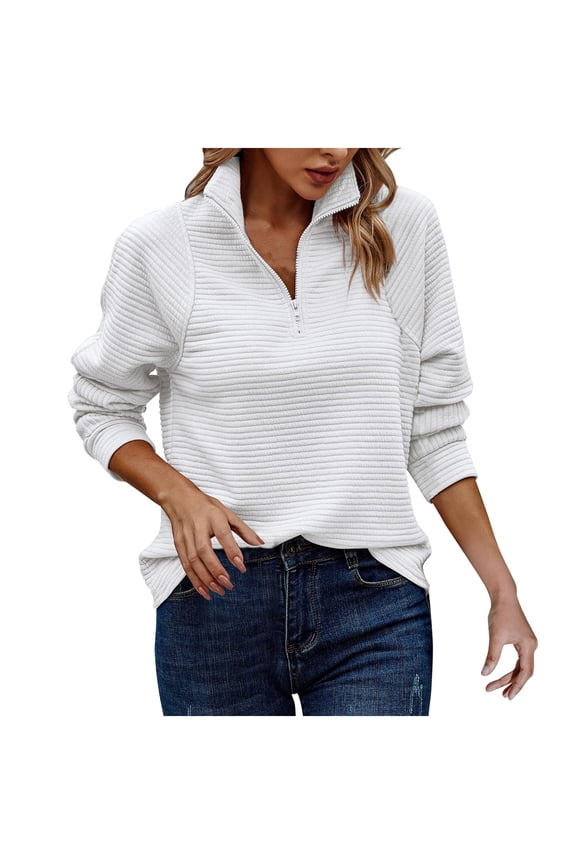 Womens Sweateshirt Quarter Zip Fall Fashion Tops Winter Oversized Ribbed Qulited Pullover V Neck Blouse