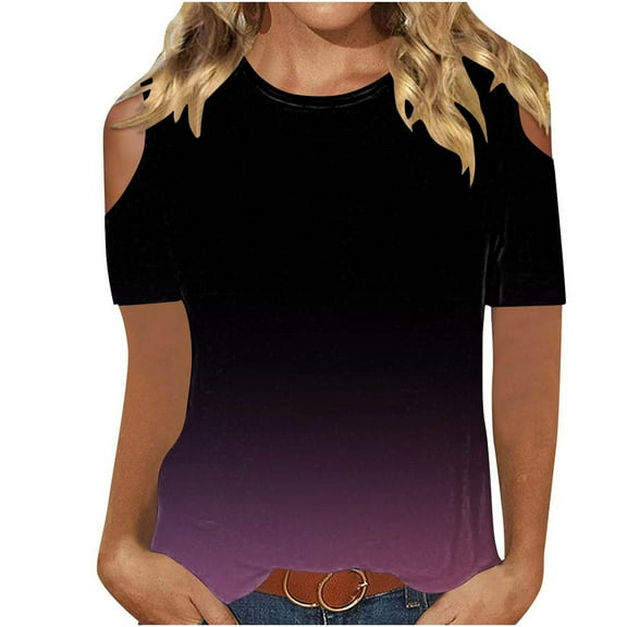 GigrtiJin Womens Trendy Cold Shoulder Tops Gradient Color Crew Neck Short Sleeve Blouse Slim T-Shirt