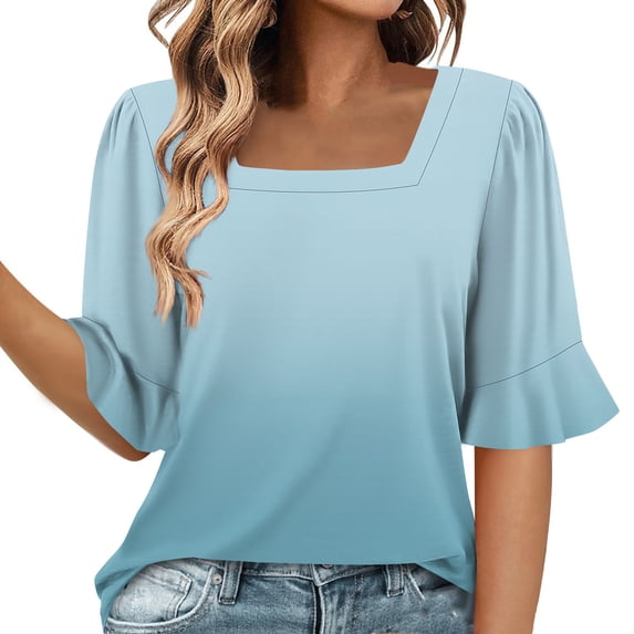 GigrtiJin Womens Trendy Gradient Color Tops Bell Sleeve Square Neck Long Curved Hem Tees Ladie's Loose Blouse