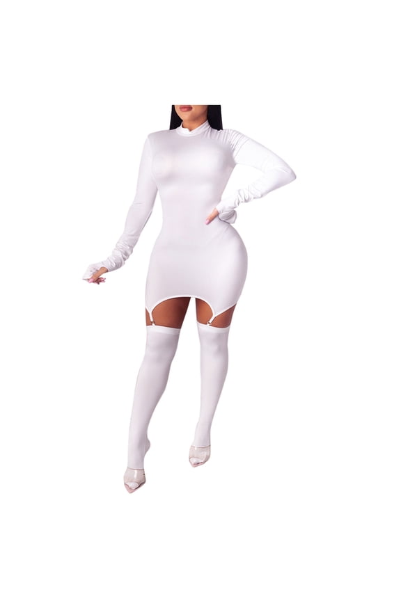 Womens Trendy Party Stocking Dress Solid Color Crew Neck Long Sleeve Dress Thigh High Socks with Suspenders