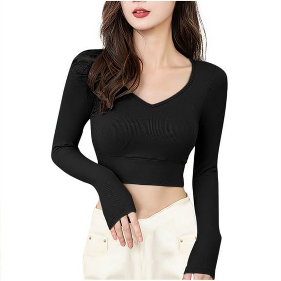 GigrtiJin Womens Trendy Ribbed Loungwear Solid Color V Neck Long Sleeve Cropped Pajama Casual Homewear Sleeping Tops