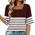 thumbnail image 1 of GigrtiJin Womens Trendy Striped Patchwork Tops Bell Sleeve Square Neck Long Curved Hem Tees Ladie's Loose Blouse, 1 of 6