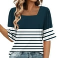 thumbnail image 1 of GigrtiJin Womens Trendy Striped Patchwork Tops Bell Sleeve Square Neck Long Curved Hem Tees Ladie's Loose Blouse, 1 of 6