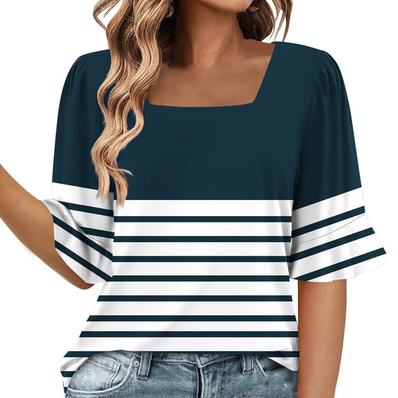 GigrtiJin Womens Trendy Striped Patchwork Tops Bell Sleeve Square Neck Long Curved Hem Tees Ladie's Loose Blouse