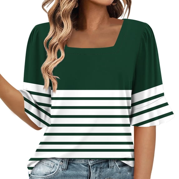 GigrtiJin Womens Trendy Striped Patchwork Tops Bell Sleeve Square Neck Long Curved Hem Tees Ladie's Loose Blouse