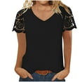 thumbnail image 1 of GigrtiJin Womens Trendy Tops Patchwork Lace Short Sleeve V Neck Solid Color Blouse Slim Comfy Tees, 1 of 6
