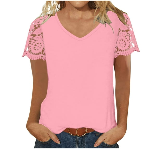 GigrtiJin Womens Trendy Tops Patchwork Lace Short Sleeve V Neck Solid Color Blouse Slim Comfy Tees