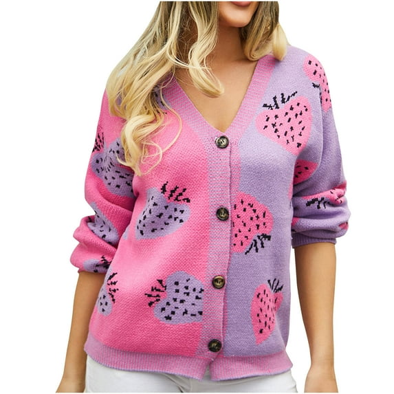 GigrtiJin Womens V Neck Button down Cardigan Sweater Long Sleeves Open Front Strawberry Print Knit Sweaters Top