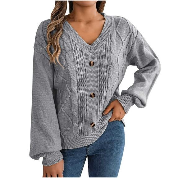 GigrtiJin Womens V Neck Knit Sweater Long Sleeve Button Solid Color Pullover Tops Casual Fashion Loose Blouse