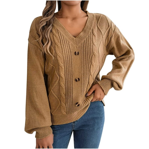 GigrtiJin Womens V Neck Knit Sweater Long Sleeve Button Solid Color Pullover Tops Casual Fashion Loose Blouse