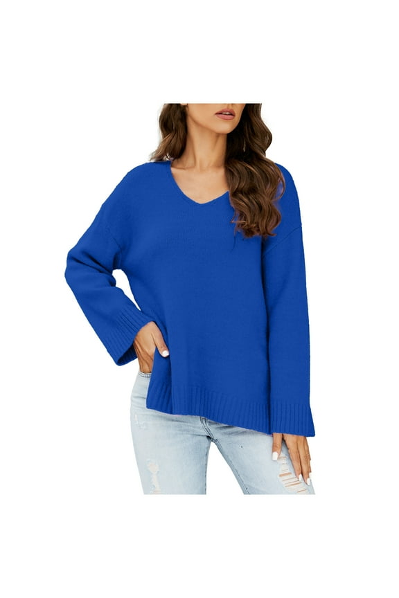 Womens V Neck Knit Sweaters Long Sleeved Side Slit Solid Color Sweater Tops Casual Comfy Pullover Blouse