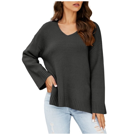 GigrtiJin Womens V Neck Knit Sweaters Long Sleeved Side Slit Solid Color Sweater Tops Casual Comfy Pullover Blouse