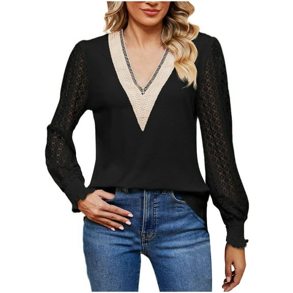 GigrtiJin Womens V Neck Lace Blouse Loose Long Sleeved Patchwork Pullover Tops Fall Casual Comfy Tunic Shirts
