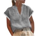 thumbnail image 1 of GigrtiJin Womens V-Neck Lace Patchwork Tops Solid Color Linen Short Sleeved Blouse Summer Cotton Comfy Shirt, 1 of 8