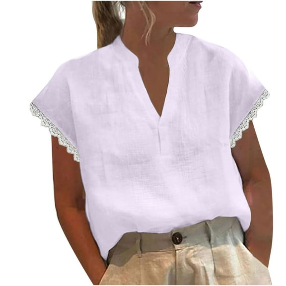 GigrtiJin Womens V-Neck Lace Patchwork Tops Solid Color Linen Short Sleeved Blouse Summer Cotton Comfy Shirt