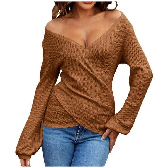 GigrtiJin Womens V-Neck Slim Tops Solid Color Pleated Long Sleeves Knitted Blouses Fall Casual Fashion Shirts
