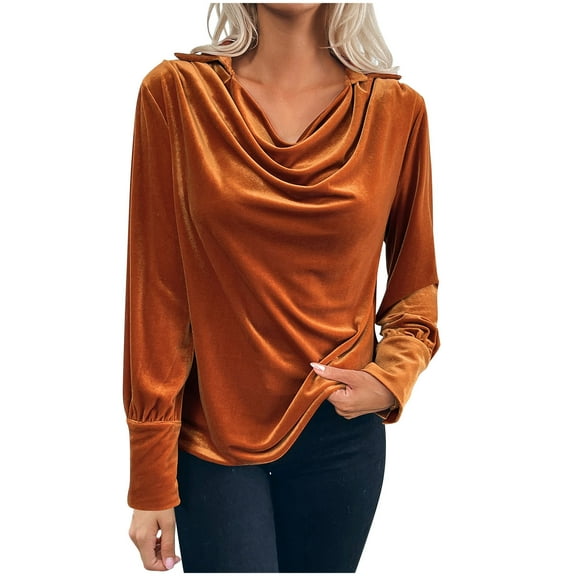 GigrtiJin Womens Velvet T Shirts Casual Cowl Neck Long Sleeve Solid Color Shirt Ruched Front Elegant Blouses Tops