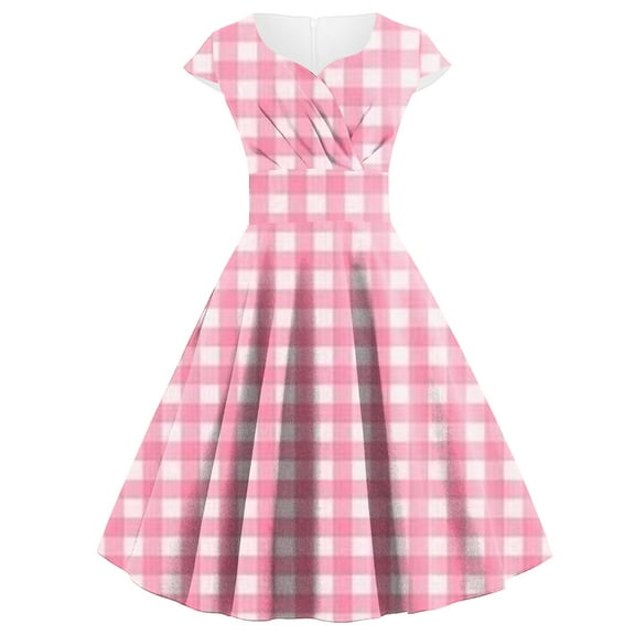 GigrtiJin Womens Vintage 1950s Plaid Dress Retro Cocktail Party Dresses Wrap V Neck Cap Sleeve Pleated Midi Dresses