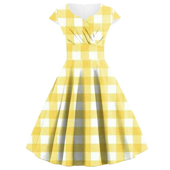 GigrtiJin Womens Vintage 1950s Plaid Dress Retro Cocktail Party Dresses Wrap V Neck Cap Sleeve Pleated Midi Dresses