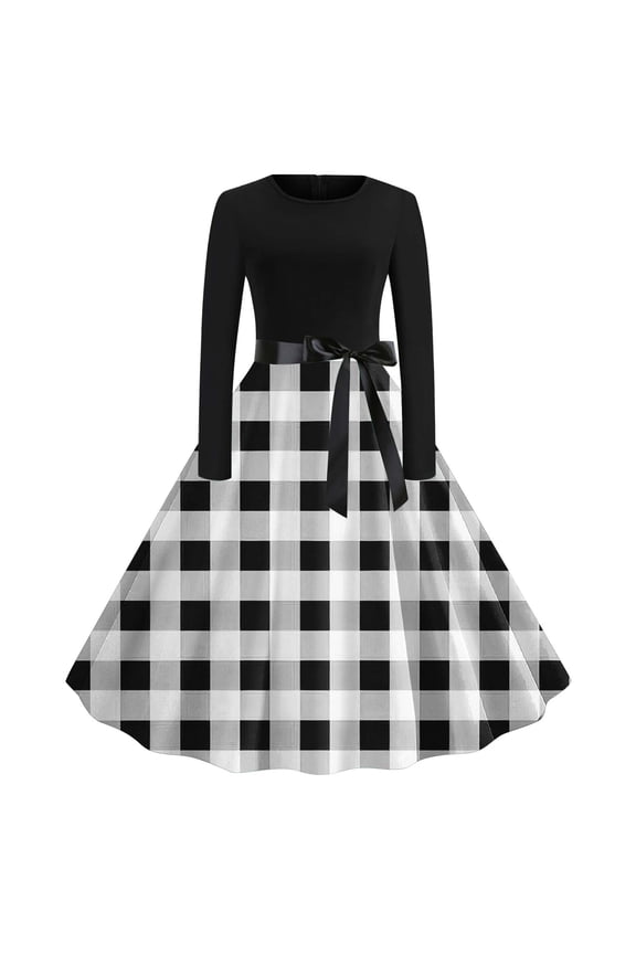 Womens Vintage Long Sleeve Dresses Plaid Round Neck Cocktail Party Dress Holiday Comfy Dress with Belt