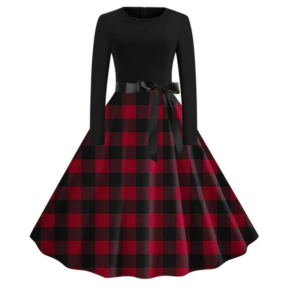 GigrtiJin Womens Vintage Long Sleeve Dresses Plaid Round Neck Cocktail Party Dress Holiday Comfy Dress with Belt
