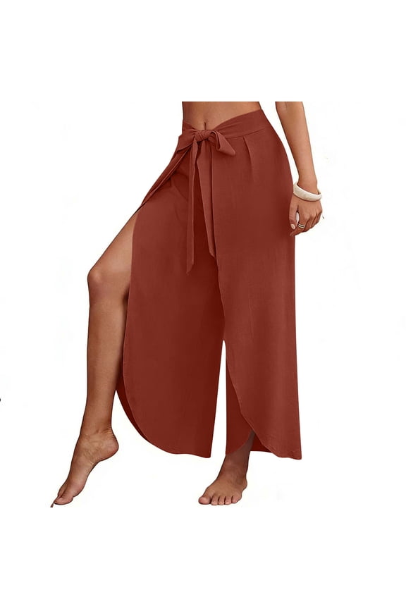 Womens Wide Leg Pants Baggy Flowy Side Slit Pants High Waisted Lightweight Casual Travel Beach Vacation Pants for Womens